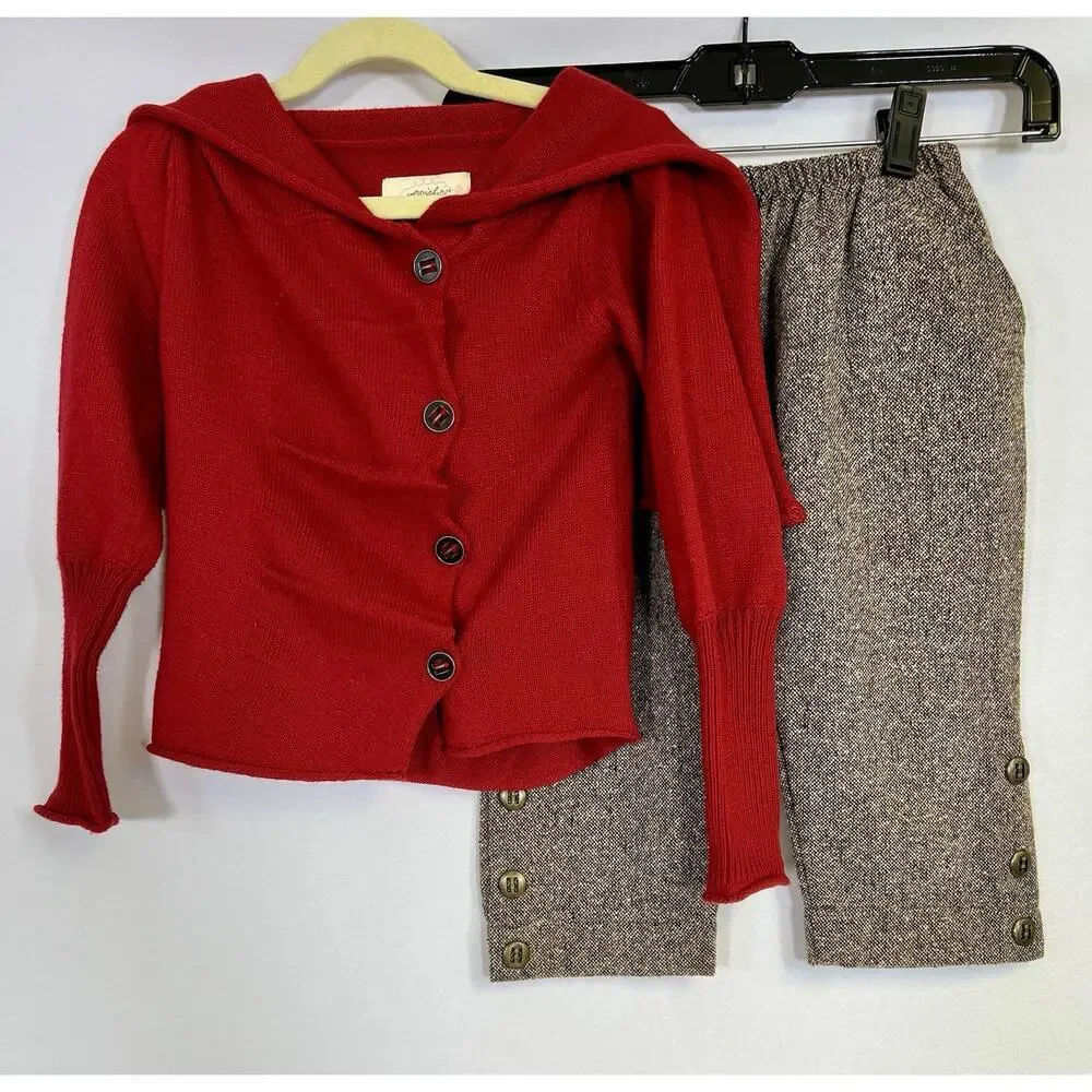Persnickety Girls Red Cardigan And Brown Wool Blend Pants USA Made Size‎ 4